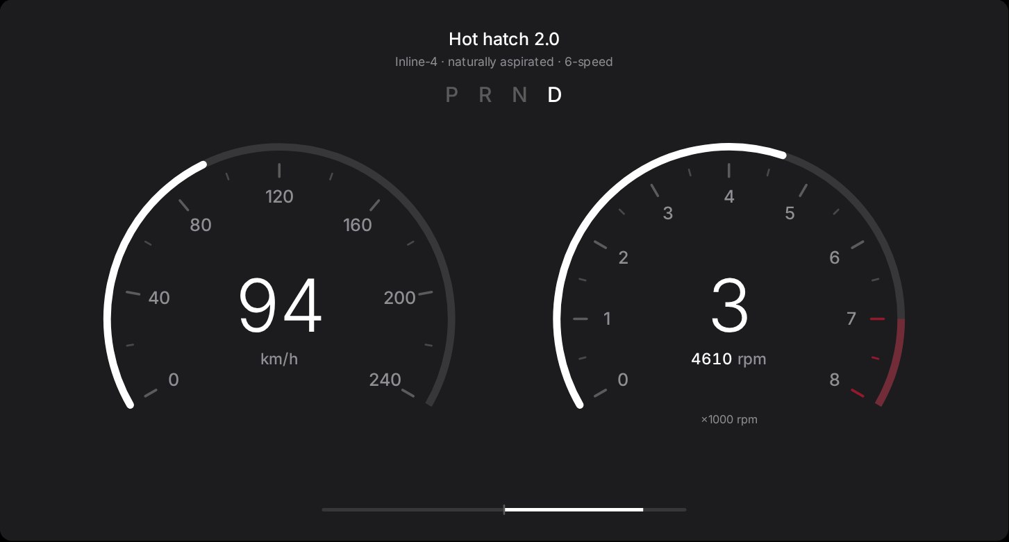 Hot hatch 2.0: two thin arcs for speed and rpm.