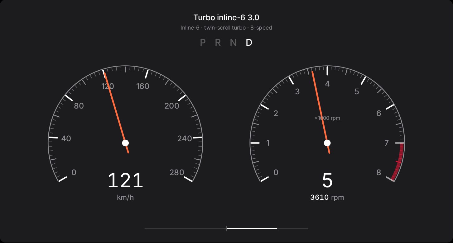 Turbo inline-6 3.0: two analog dials with fine needles.