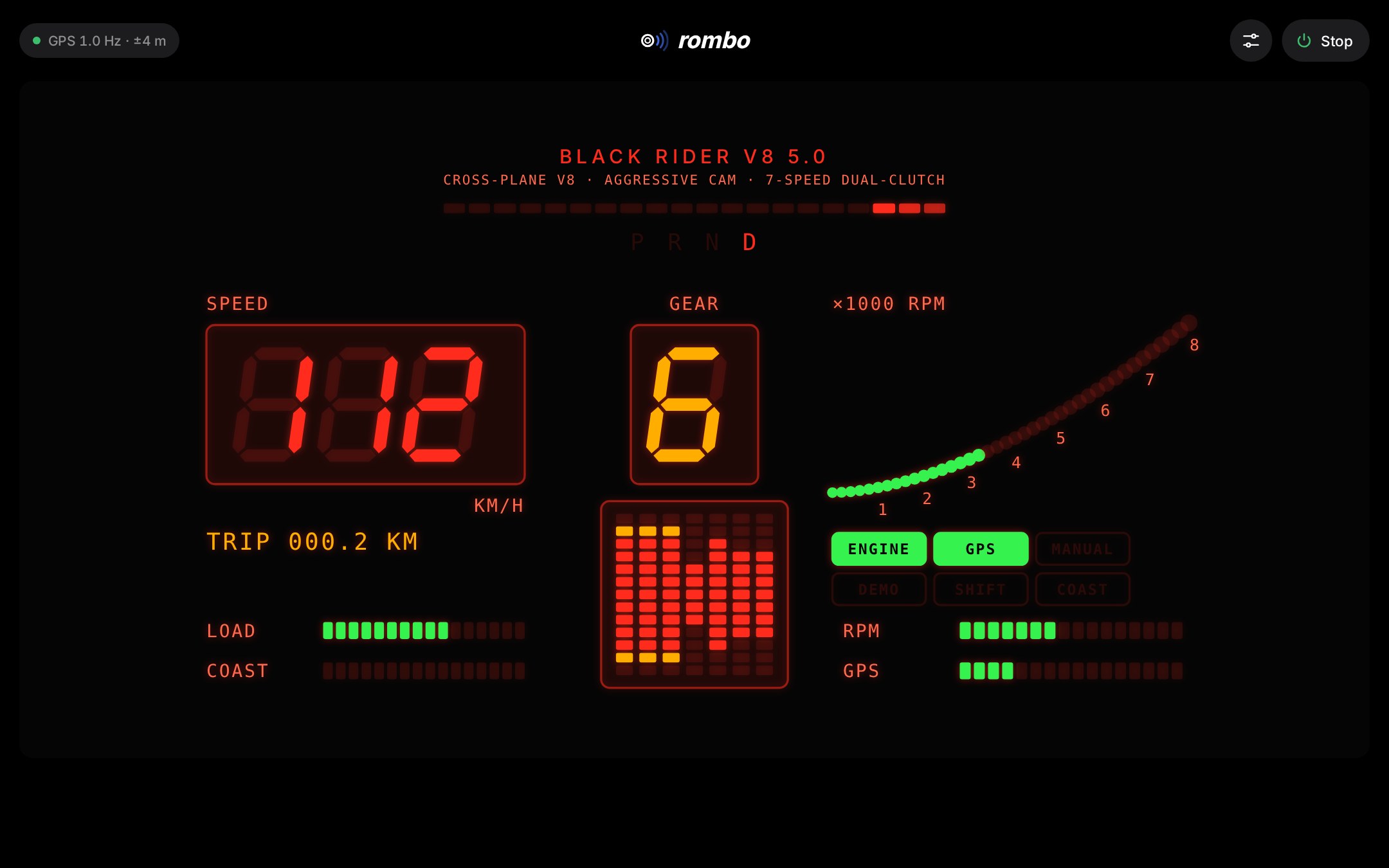 Rombo on a car screen at night: the Black Rider V8 dashboard, a red LED panel with the speed, the gear, a curve of lit dots for the rpm and a column display moving with the sound.